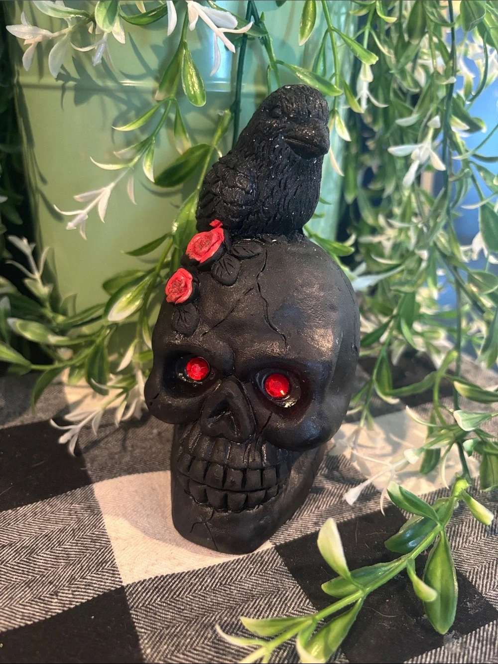 Black Skull Accent with Raven and Red Rose Detail